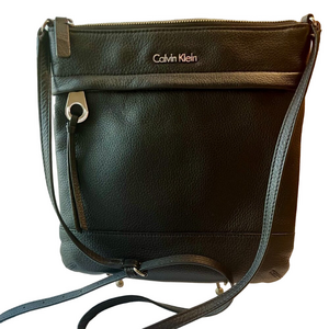 Calvin Kline Black Pebbled Leather Crossbody Bag with Silver tone hardware